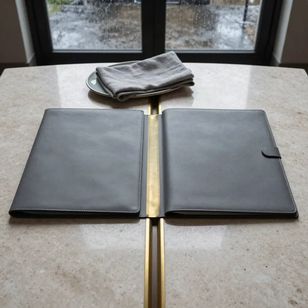 Top-down legal folders split by a brass divider on a rain-lit meeting table.