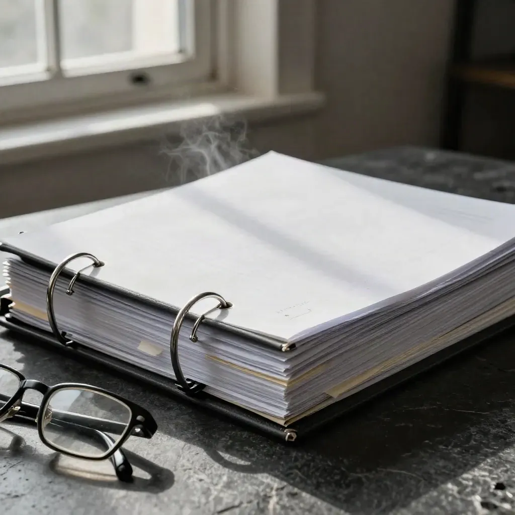 Low-angle legal review binder with glasses, papers lifting in a draft on a stone table.