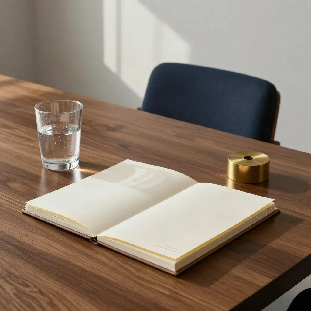 Empty boardroom with minutes packet, water glass, chair back and brass paperweight in soft light.