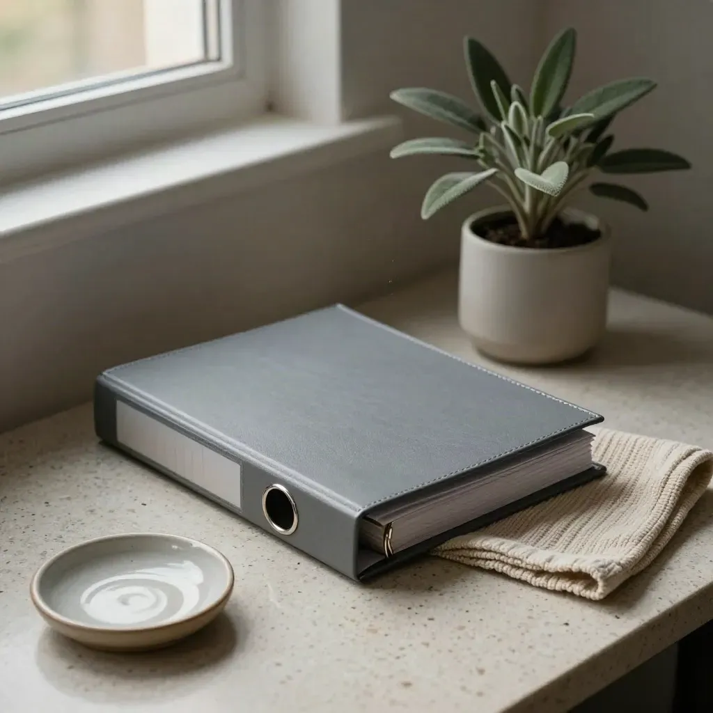 Slate-gray policy binder beside knit cloth, plant and ceramic dish on a sunlit travertine desk.