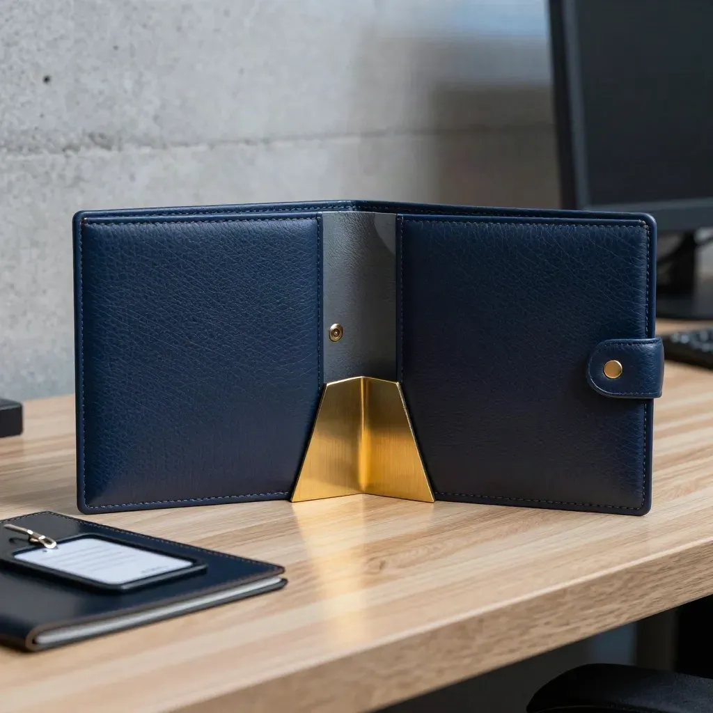 Two navy legal folders split by a brass wedge on a startup workbench in blue-hour light.