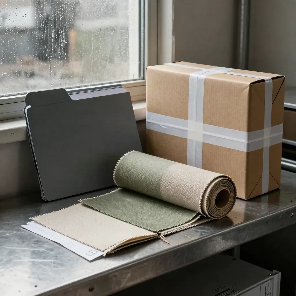 Procurement folder, wrapped carton and fabric swatches in a rainy industrial office corner.