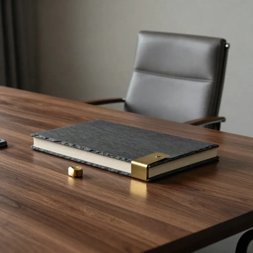 Solitary board chair beside a director pack and brass paperweight on a polished walnut table.