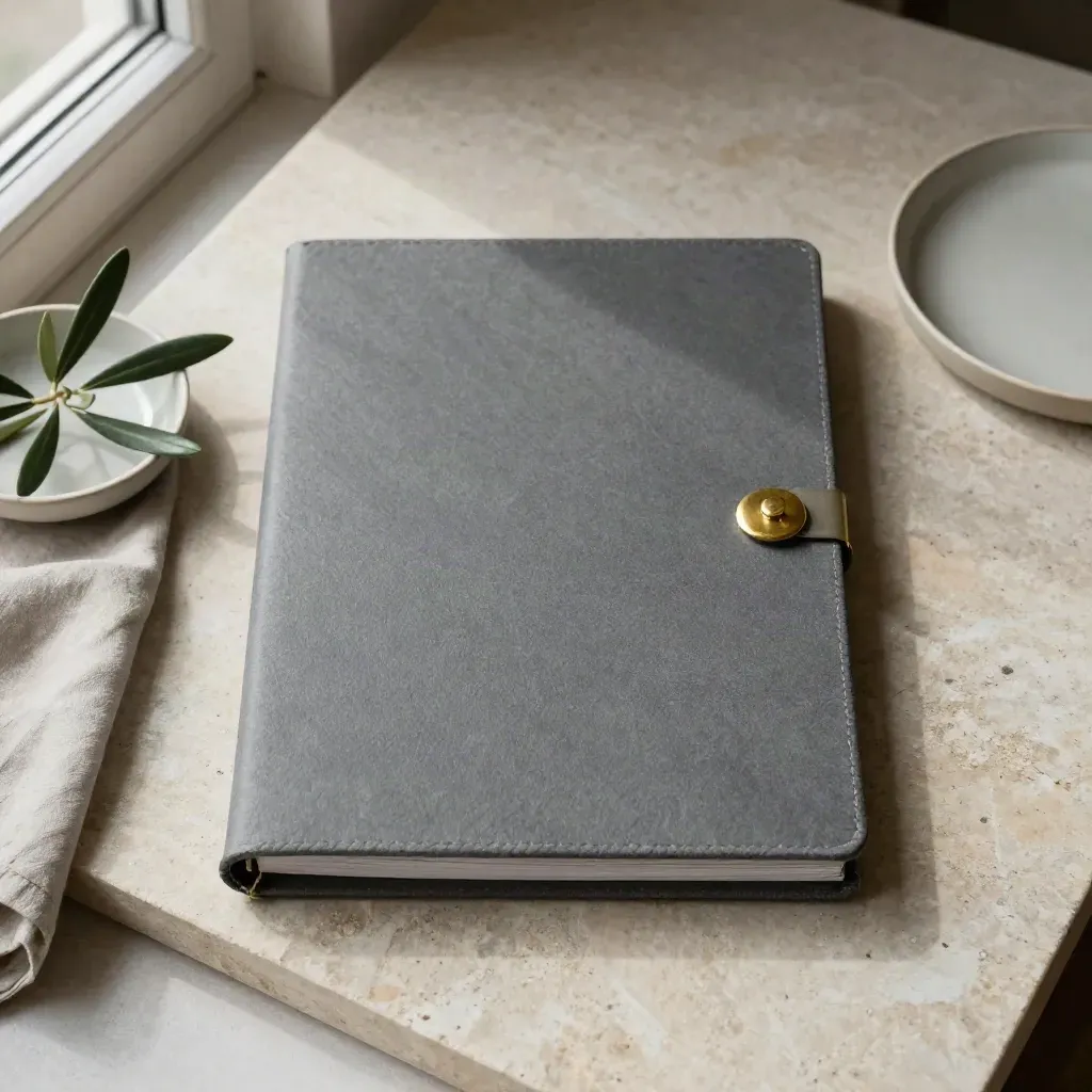 Overhead flatlay of a shareholder agreement folder with linen, olive plant and ceramic dish.